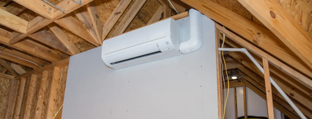 A wall-mounted white air conditioner in a room, providing cooling comfort and maintaining a pleasant indoor temperature.