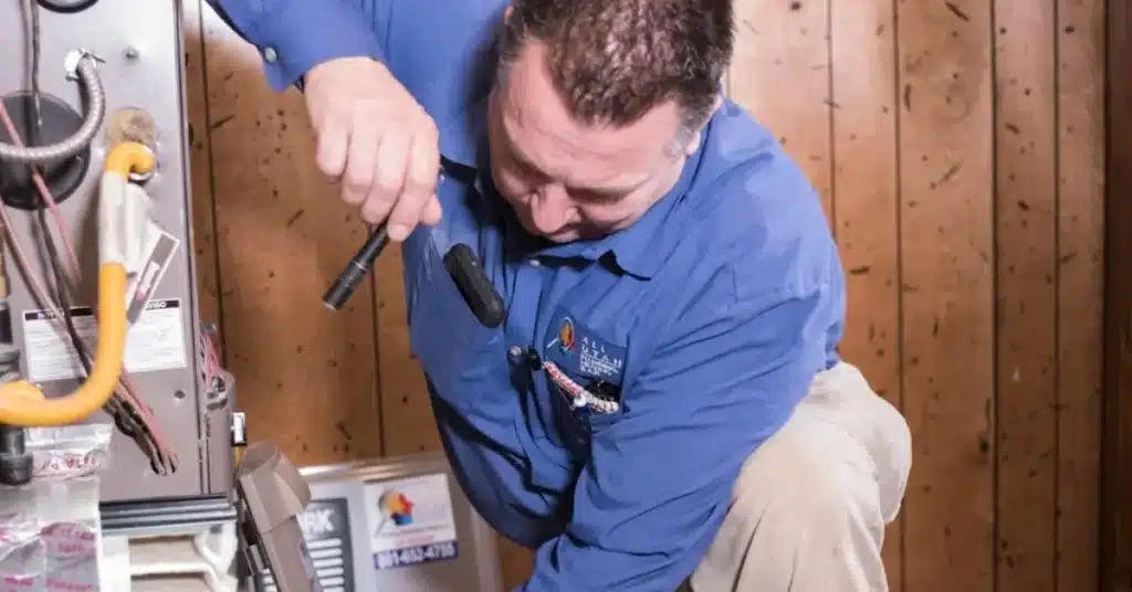 Utah technician in a blue shirt fixing a furnace