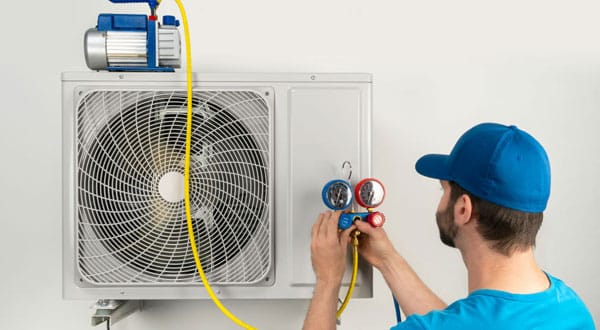 Man in a blue baseball cap holding an air conditioner thermometer. The thermometer is set on top of a wall air conditioner.