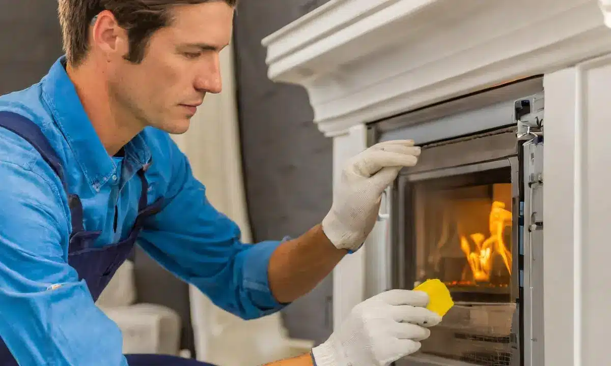 guy working on fireplace wearing white gloves