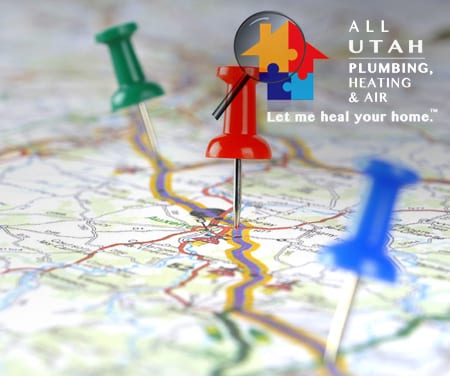 Green, red, and blue pushpins embedded in a map with the All Utah Plumbing, Heating & Air logo in the top right and the words, "Let me heal your home. TM"