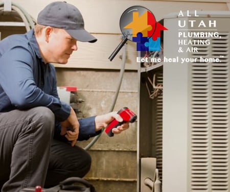 A man holding a red tool in front of an air conditioner. The All Utah, Plumbing, Heating & Air logo with "Let me heal your home" is overlayed on the image.