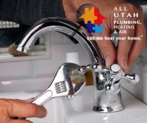 Man tightening a sink faucet with a wrench and the All Utah Plumbing logo is on the image.